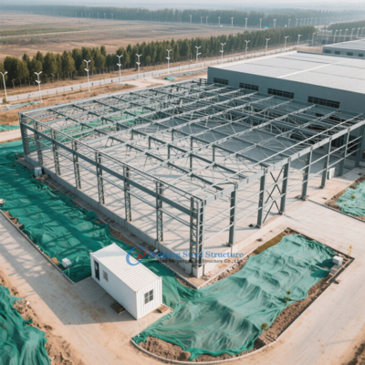 Atelier préfabriqué en acier PEB à grande portée pour usage industriel avec pont roulant et ventilation